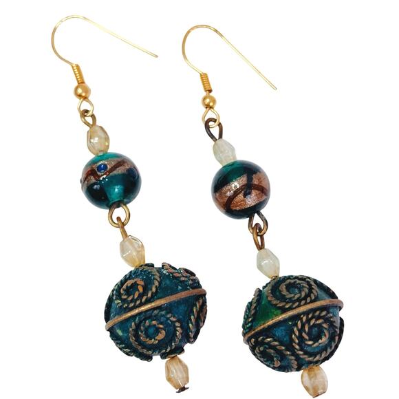 VTG Glass Lampwork Brass Earrings Green Boho Artisan Drop Dangle Ornate Earthy - Picture 4 of 16